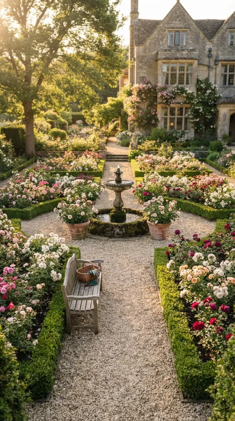 Elegant formal English rose garden with symmetrical beds and gravel pathways.