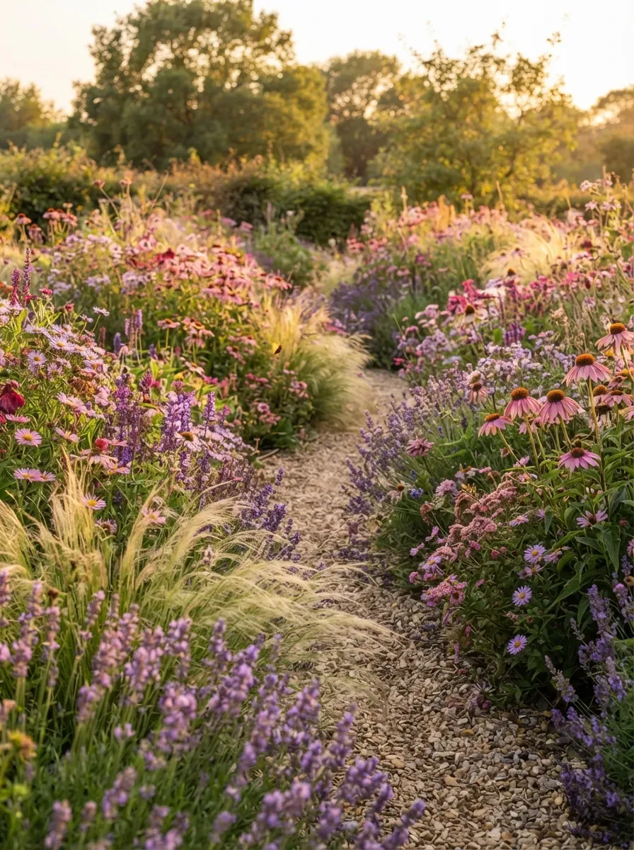 Natural wildflower garden designed with flowers grasses seed heads and year-round texture.