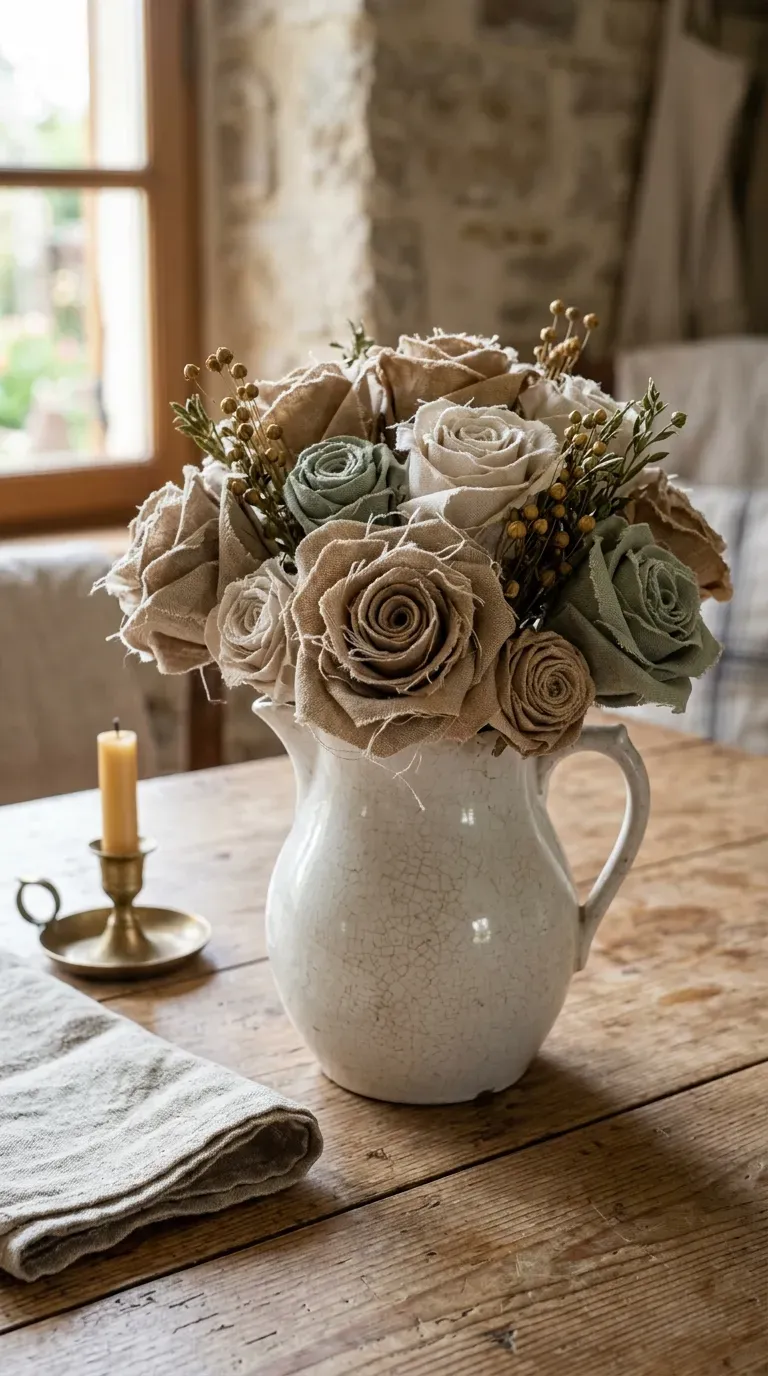 handcrafted frayed raw linen rolled roses displayed in a white ceramic jug on a wooden table