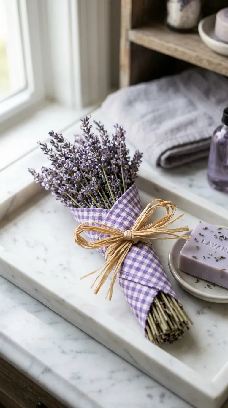 bundle of handcrafted fabric and glass bead lavender sprigs tied with raffia ribbon on a marble tray