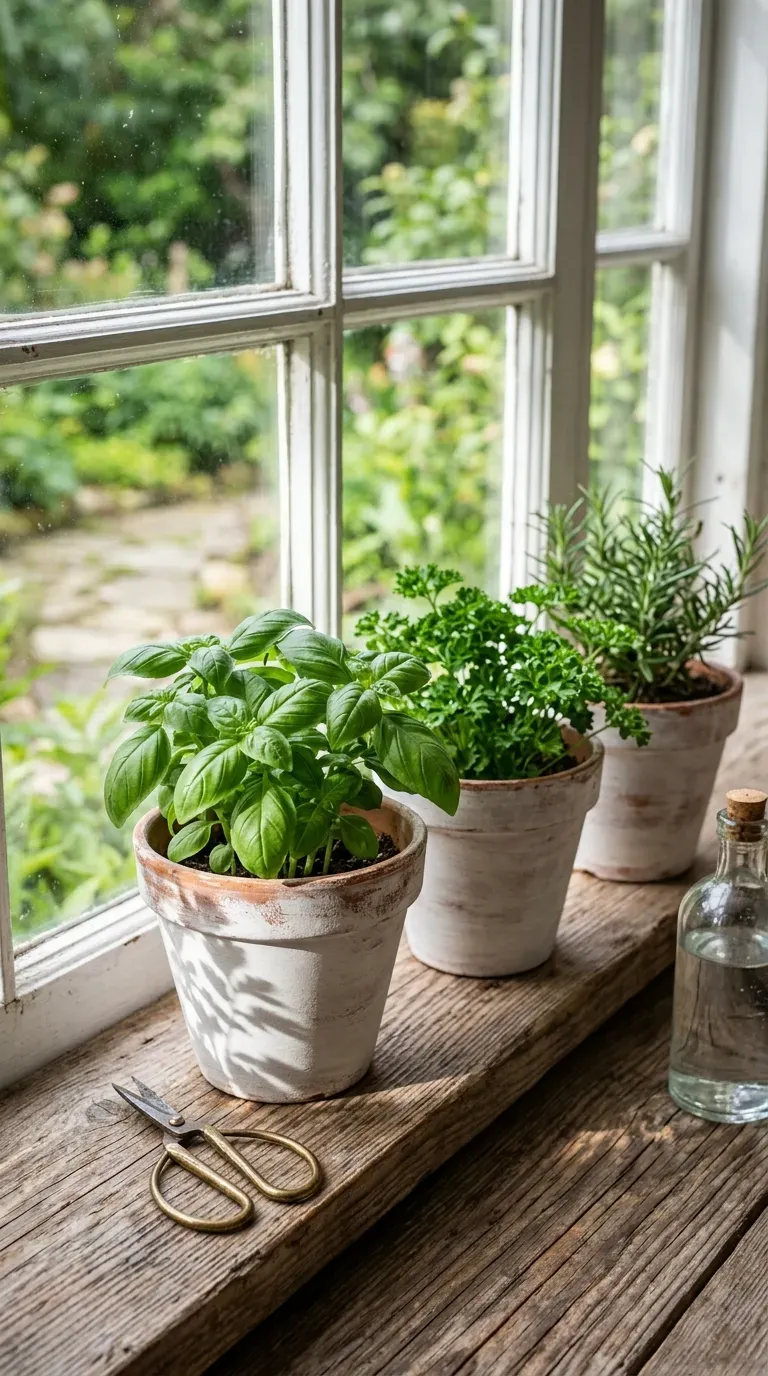 three whitewashed terracotta herb pots with rosemary and basil on a wooden kitchen windowsill