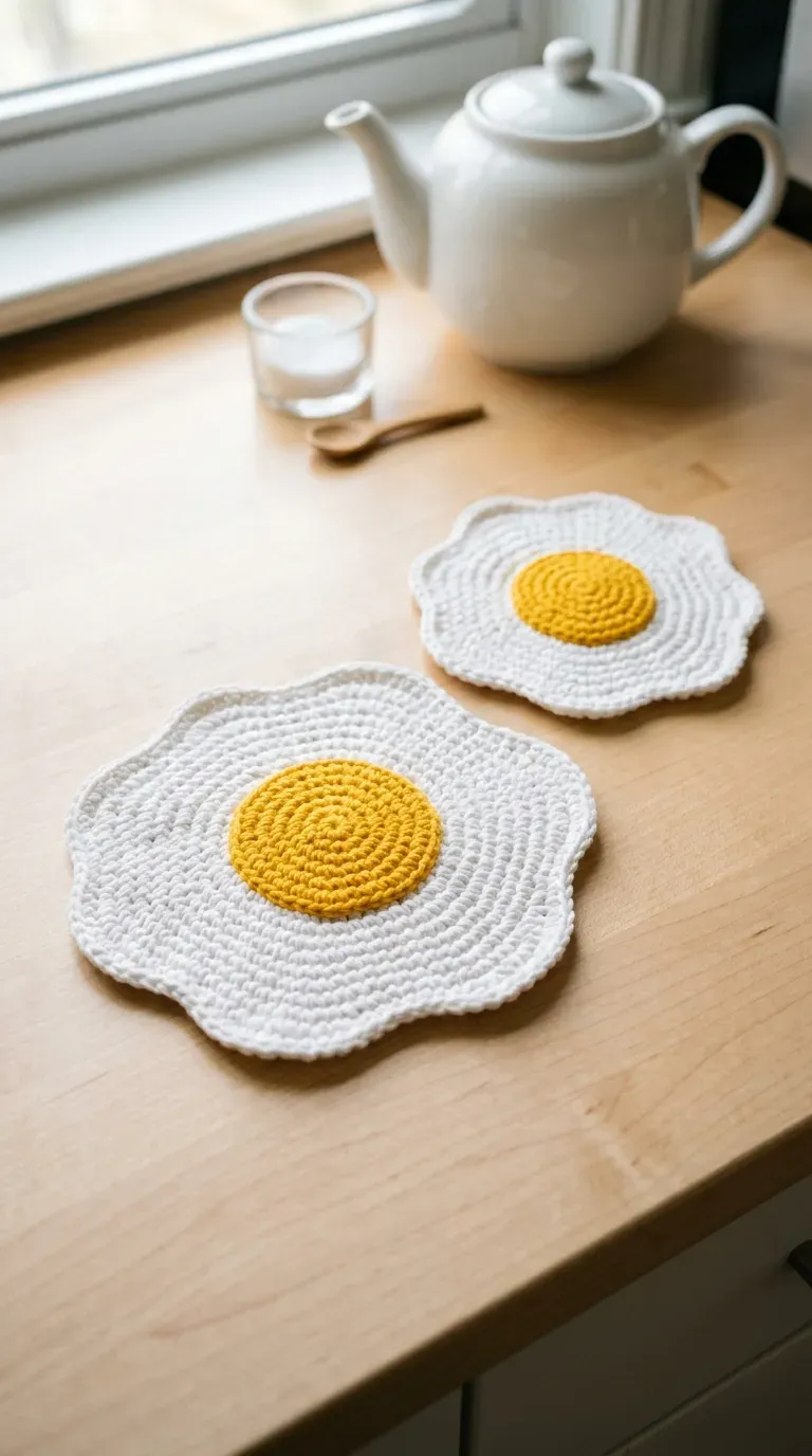 pair of quirky fried egg crochet trivets and coasters resting on a light wood kitchen counter