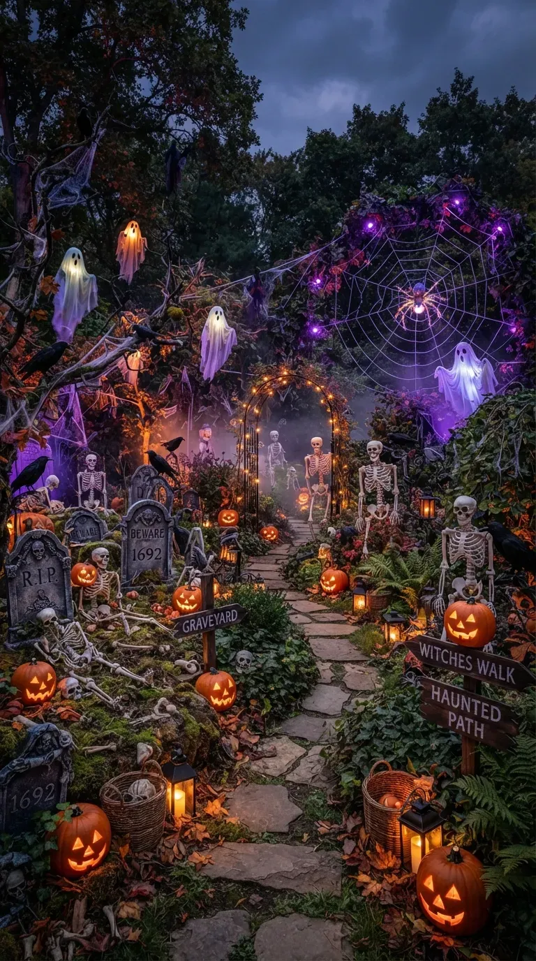 Complete haunted Halloween garden with skeletons ghosts pumpkins lights and fog.