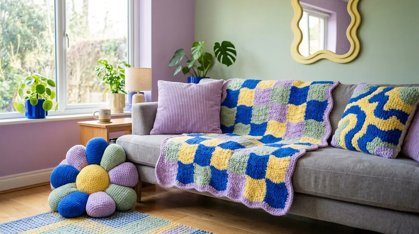vibrant collection of funky crochet pillows, plant cozies, and checkered blankets on a modern sofa