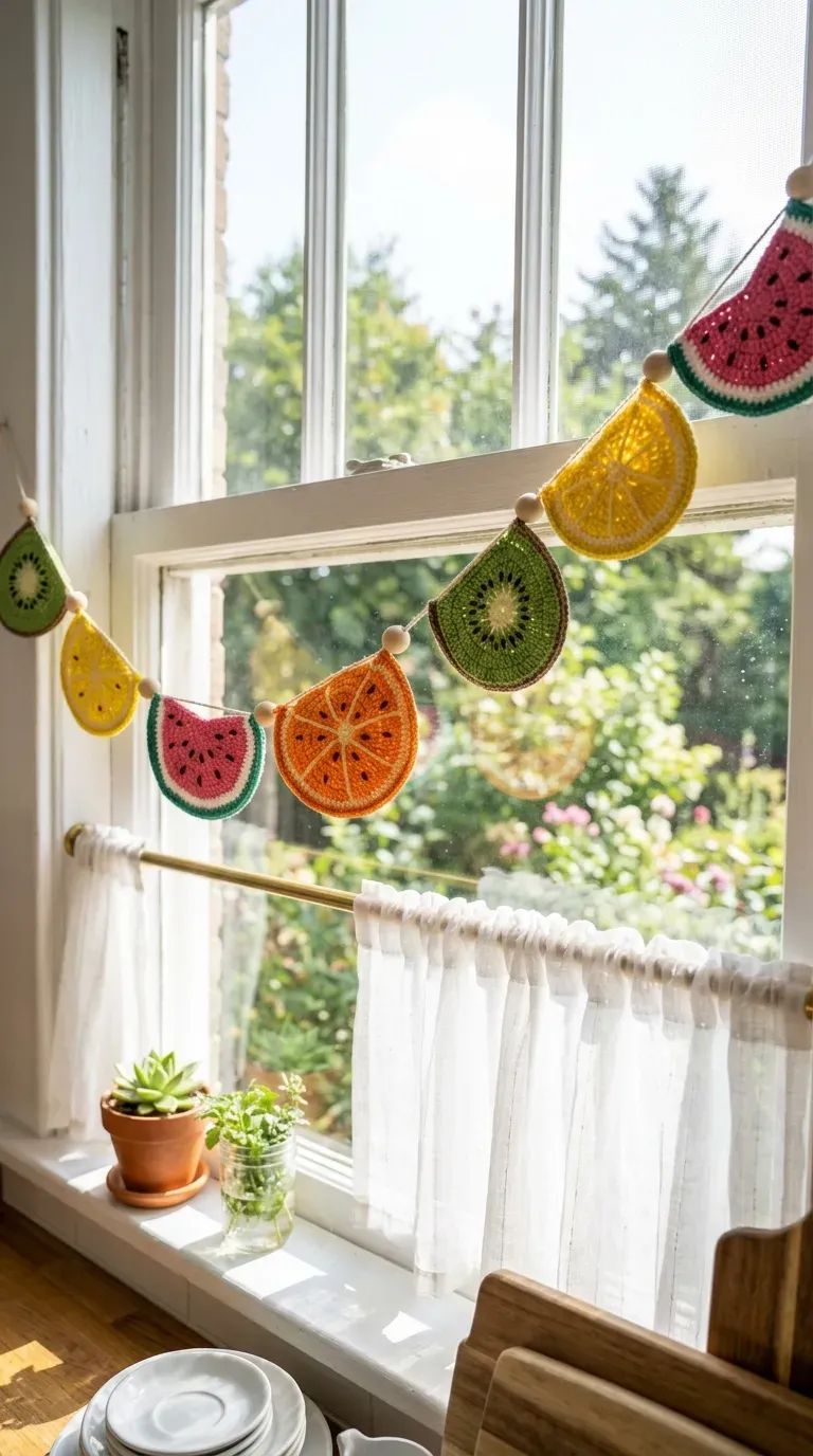 colorful crochet fruit garland with watermelon, orange, and kiwi slices draped across a kitchen window