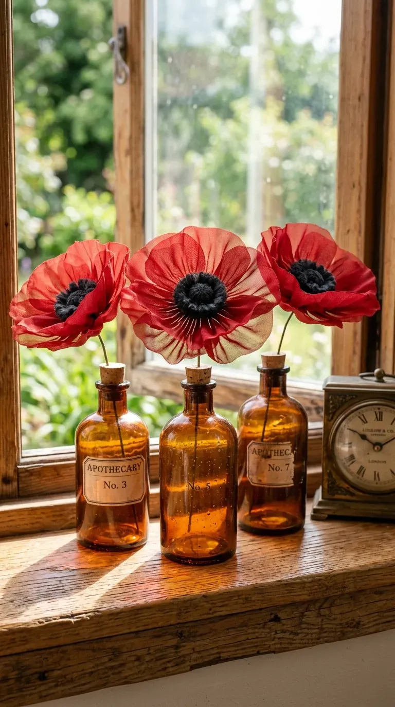 three vibrant red gathered chiffon poppy flowers in vintage amber glass medicine bottles