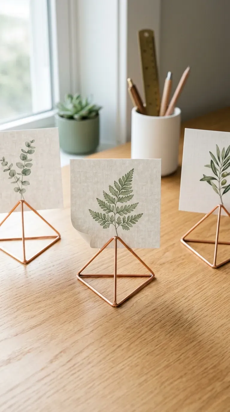 set of geometric copper wire photo holders displaying vintage botanical prints on a desk