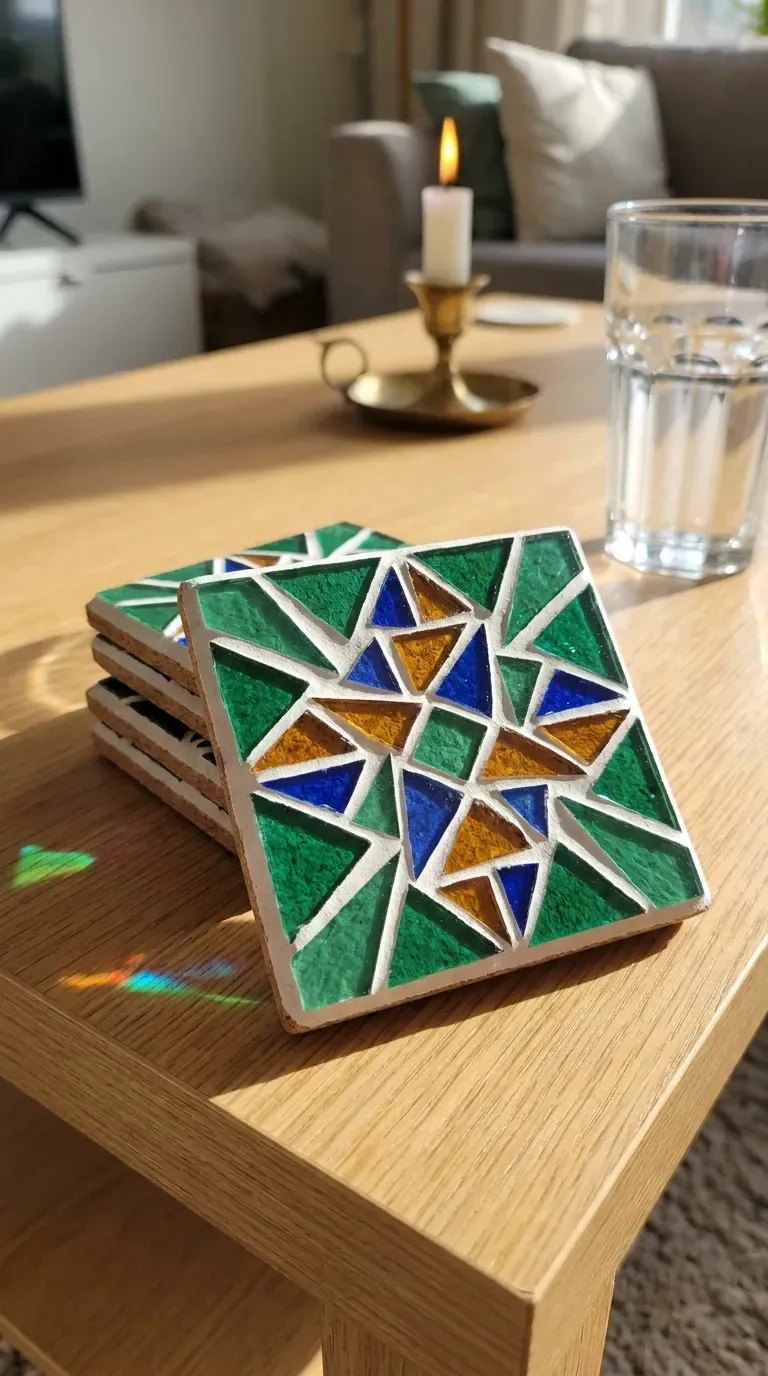 set of geometric stained glass mosaic drink coasters with white grout on a coffee table