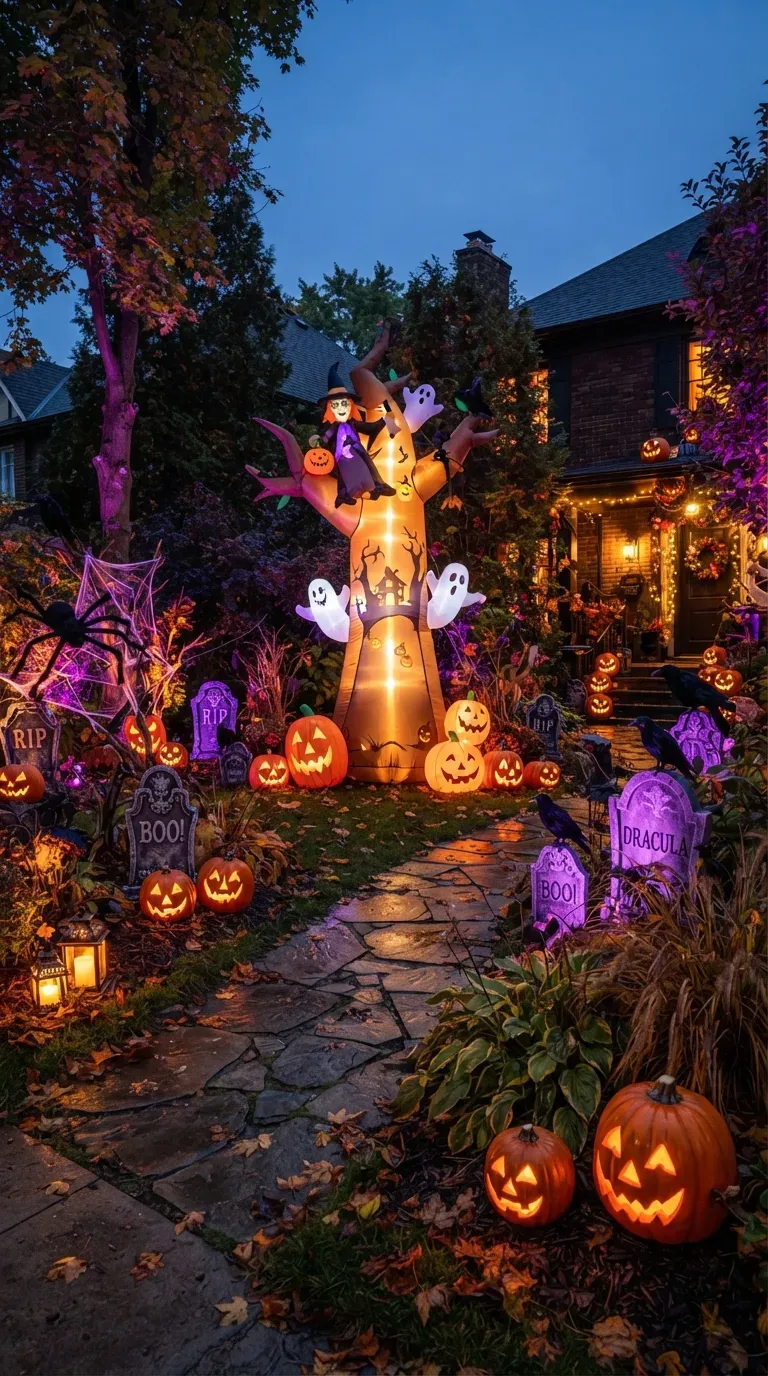 Giant glowing Halloween inflatable surrounded by pumpkins spooky lights and garden decorations.