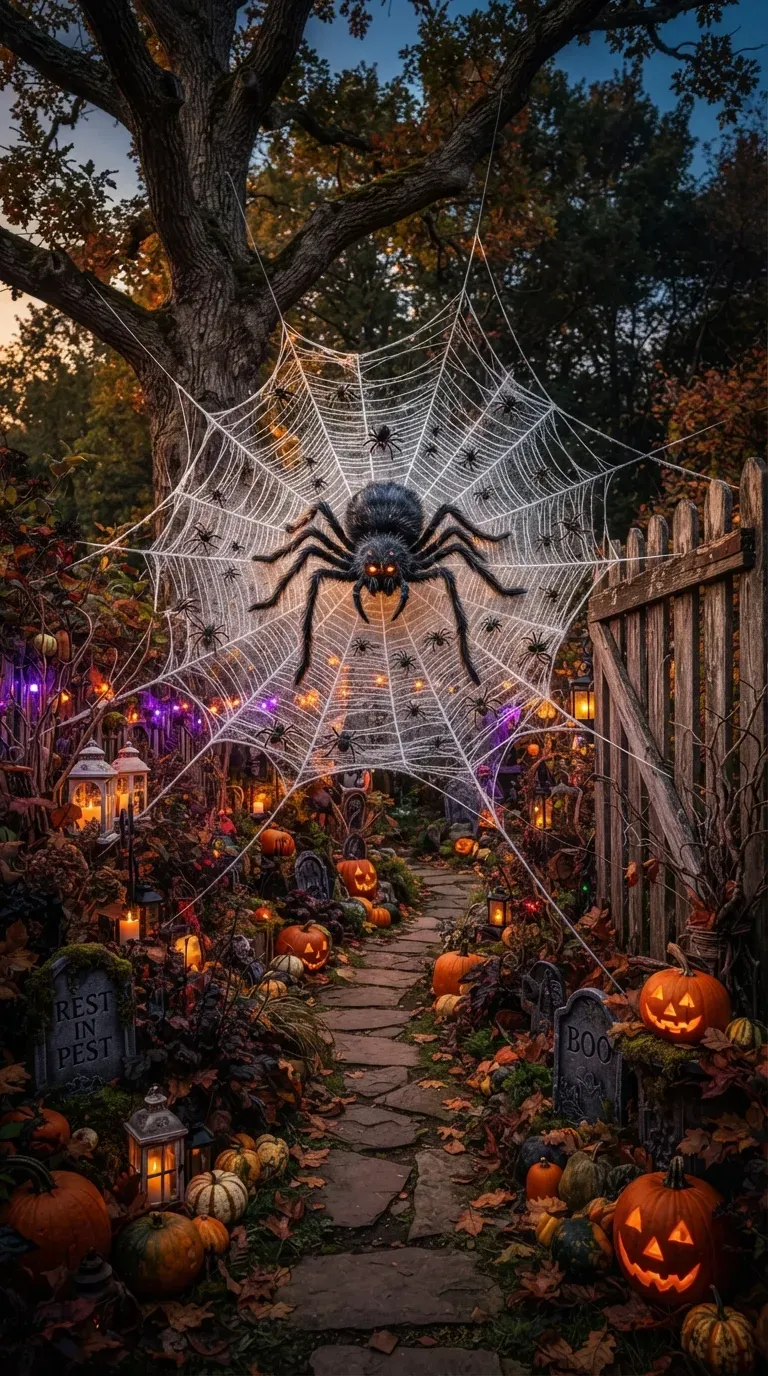 Massive Halloween spider web stretched across garden trees with giant spider.