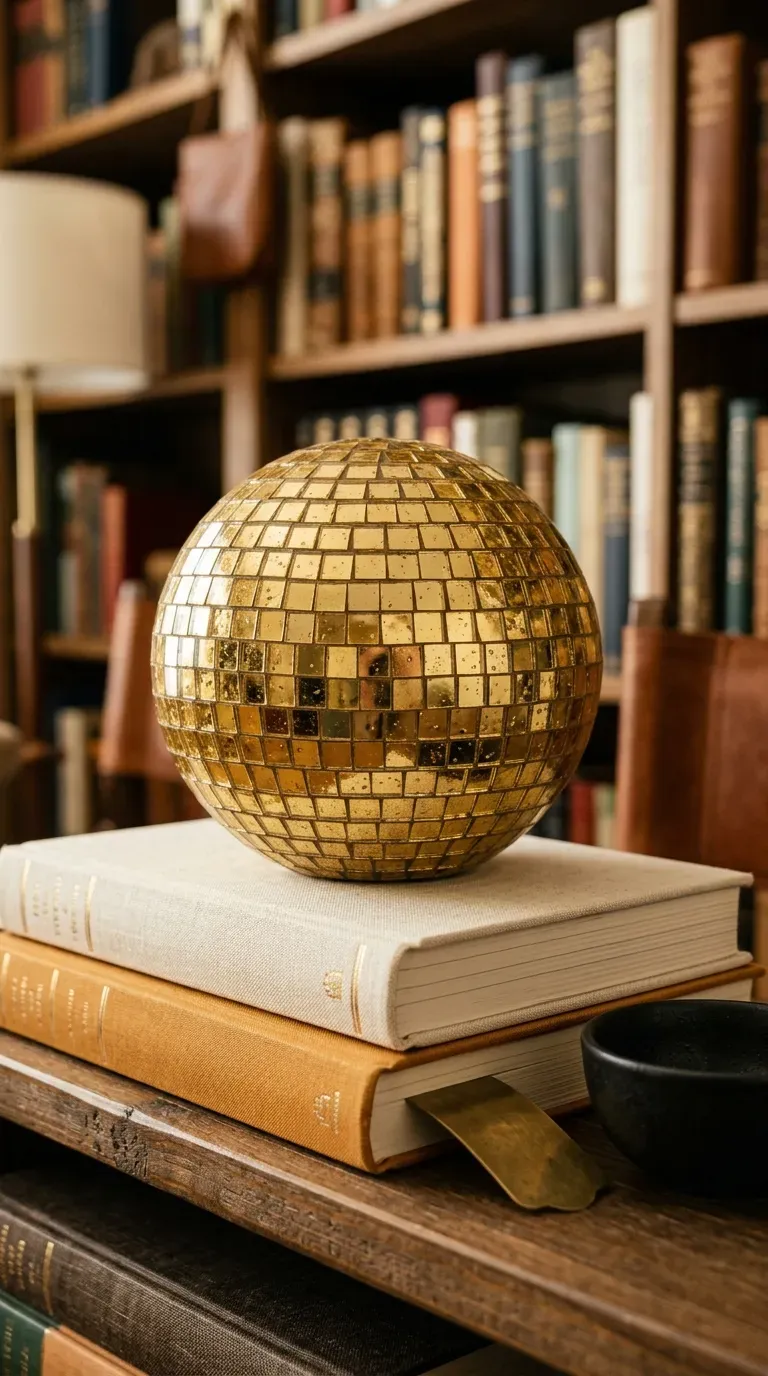 reflective decorative sphere covered in gold foil glass mosaic tiles on a bookshelf