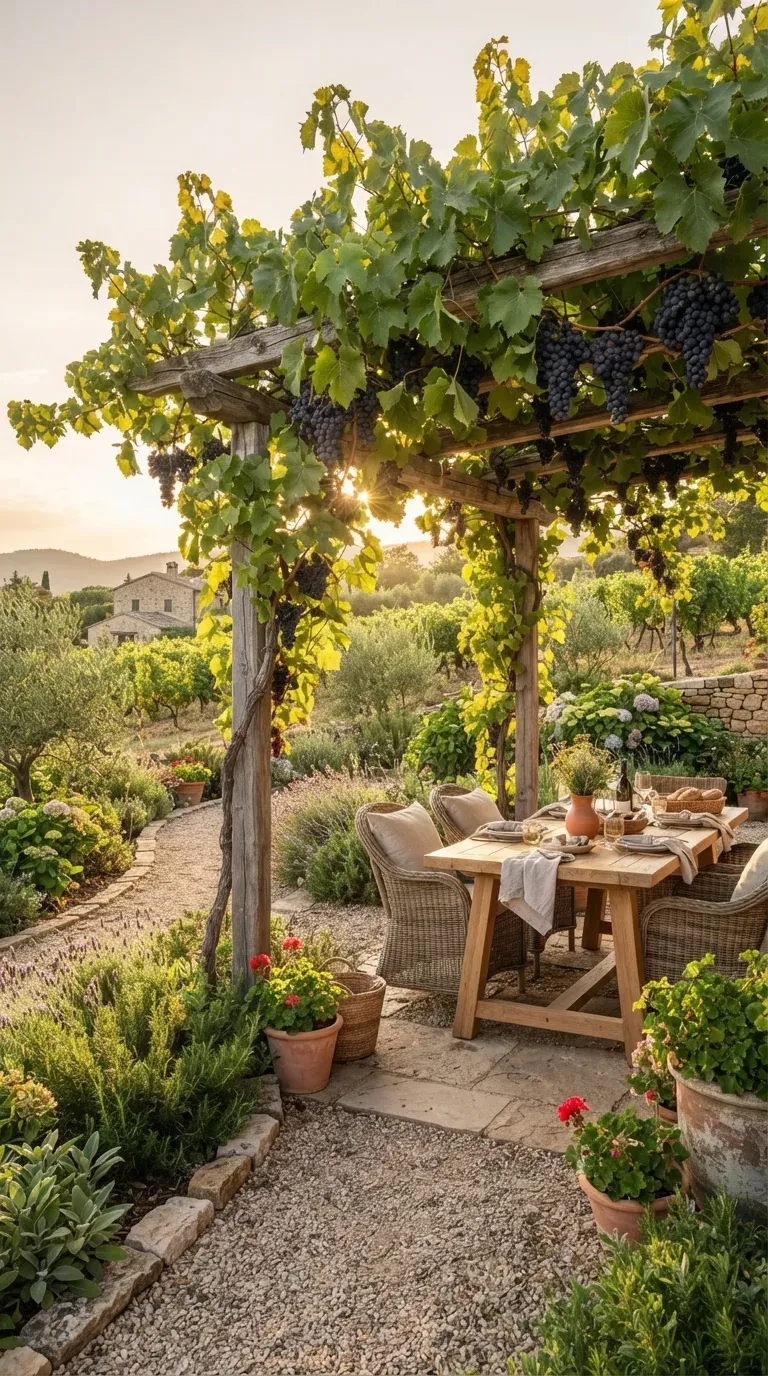 Wooden garden pergola covered with lush grapevines creating a shaded outdoor retreat.