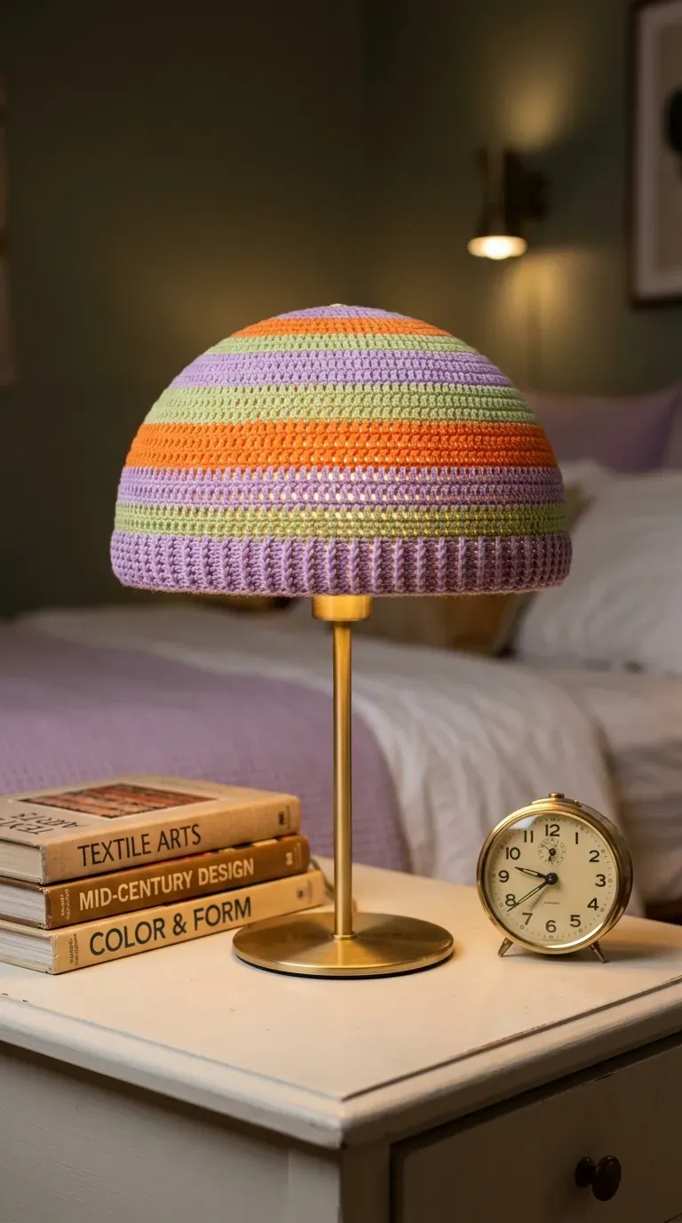 small mushroom table lamp fitted with a colorful striped lilac and tangerine crochet cover