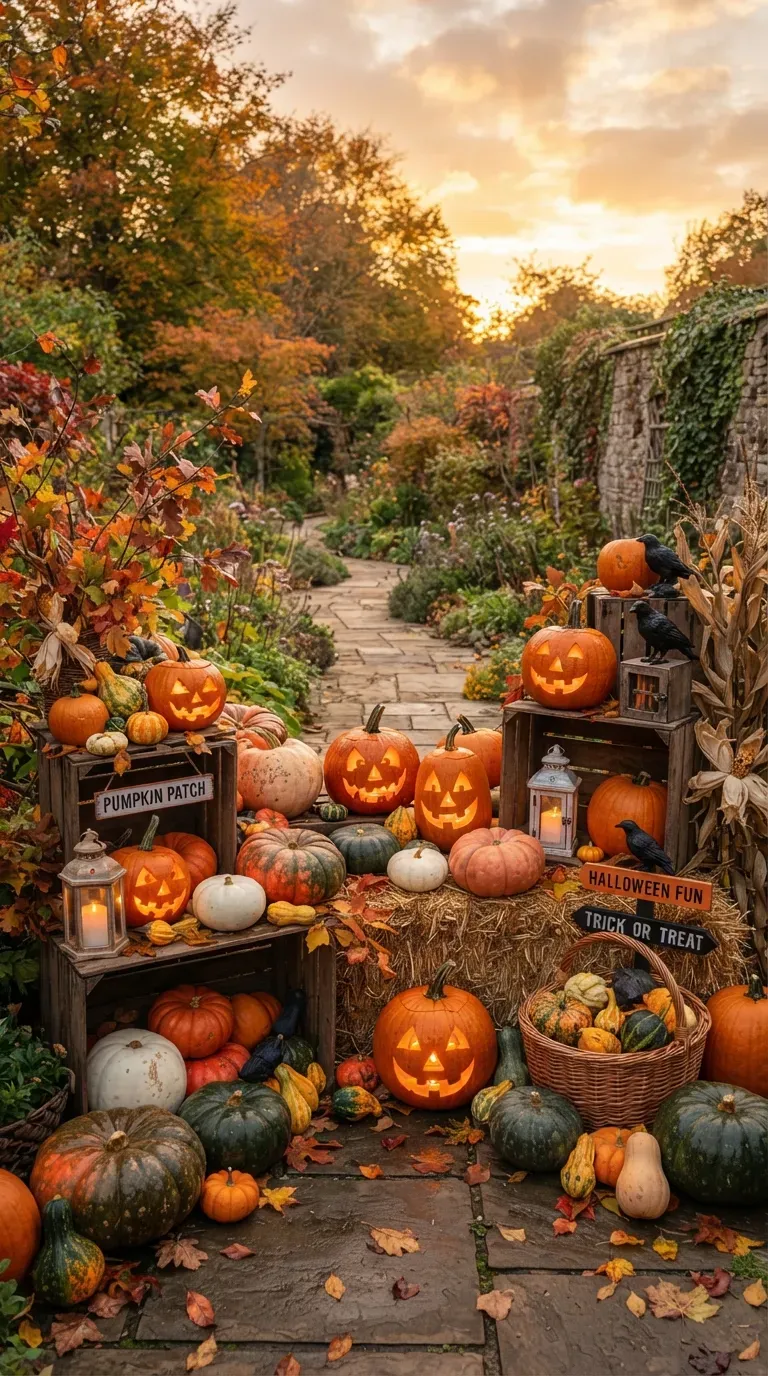 Beautiful Halloween pumpkin patch with lanterns hay bales and autumn garden decor.