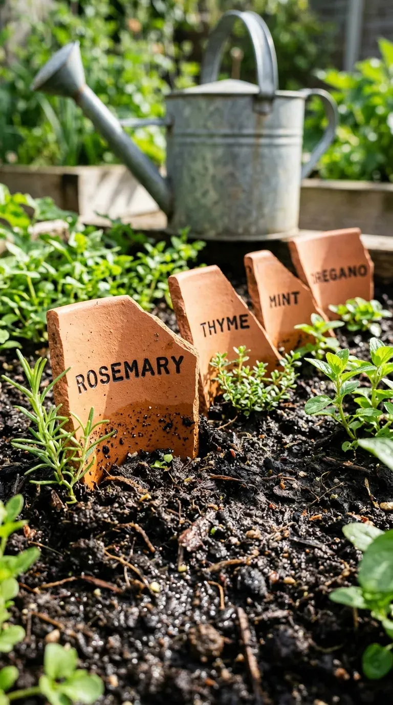 curved broken terracotta pot shards stamped with herb names inserted into rich garden soil