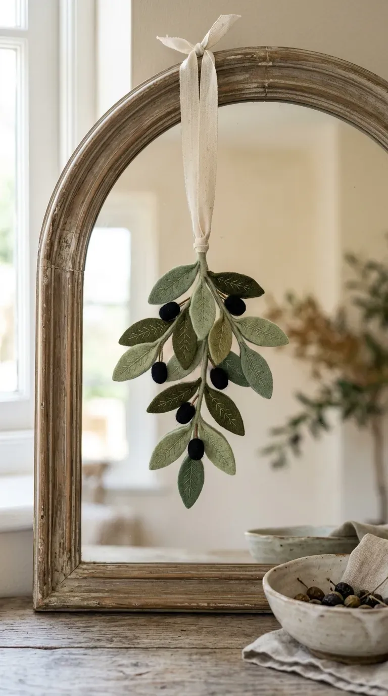 handcrafted felt olive branch sprig with green leaves and black felt olives hanging on a linen ribbon