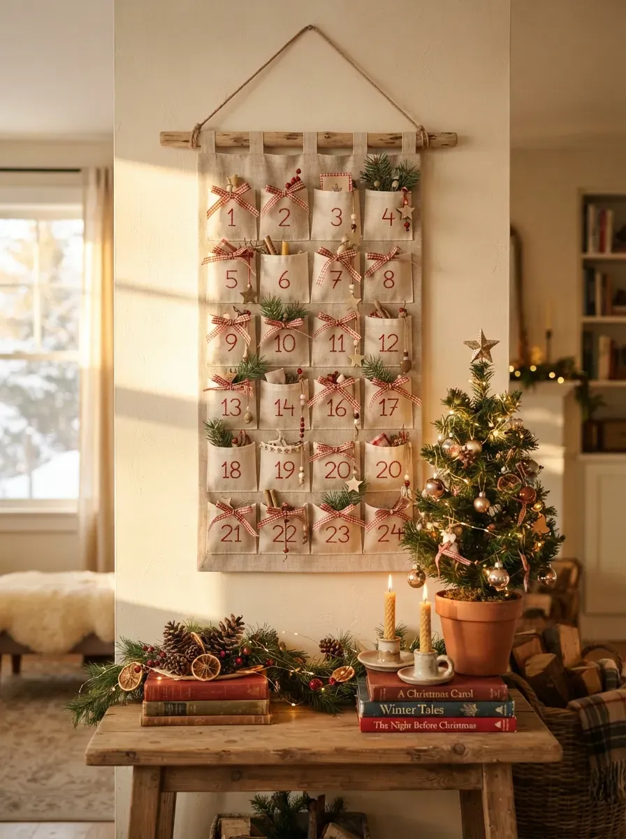 Cozy handmade fabric advent calendar with numbered Christmas pockets.