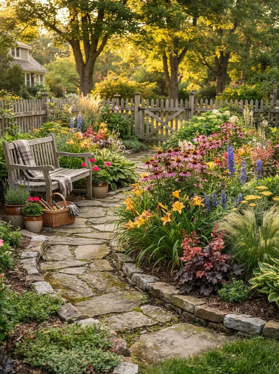 Colorful hardy perennial border thriving beside a stone path in cool climate.