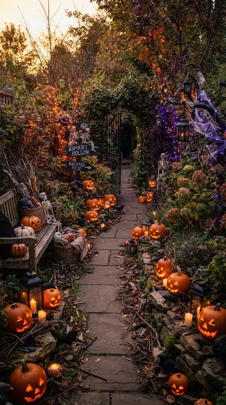 Spooky Halloween garden path with pumpkins lanterns skeletons and glowing autumn leaves.