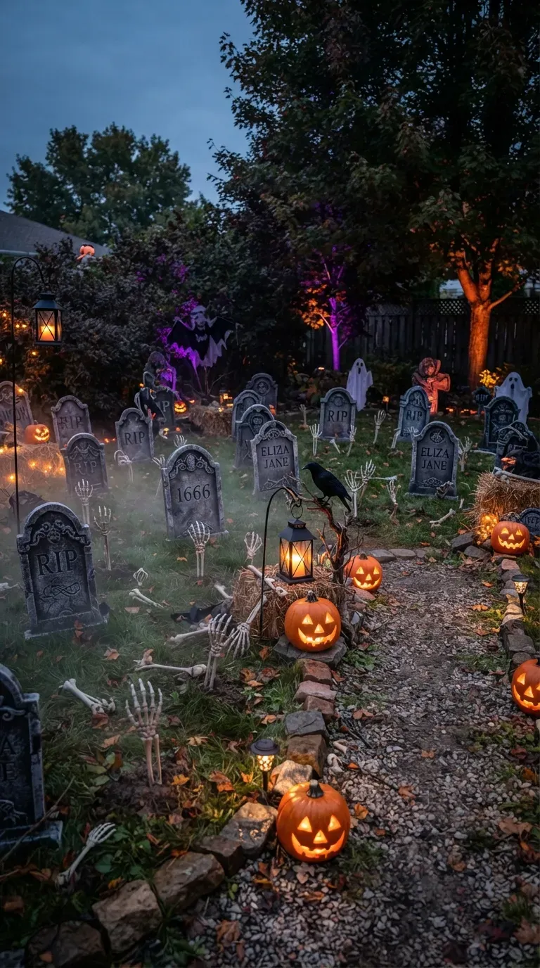 Spooky Halloween garden graveyard with crooked tombstones skeletons fog and pumpkins.