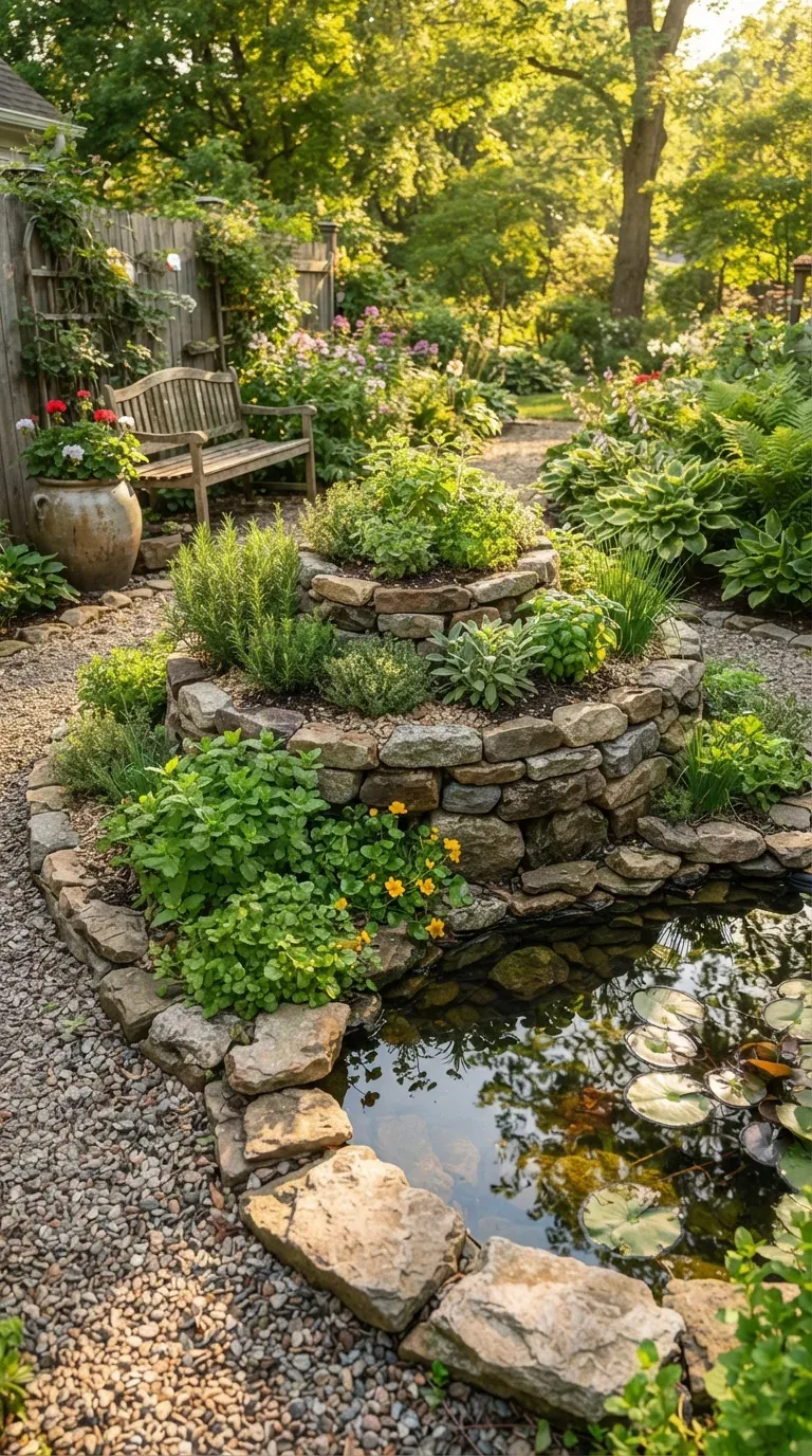 Natural herb spiral surrounding a small pond with lush culinary herbs.