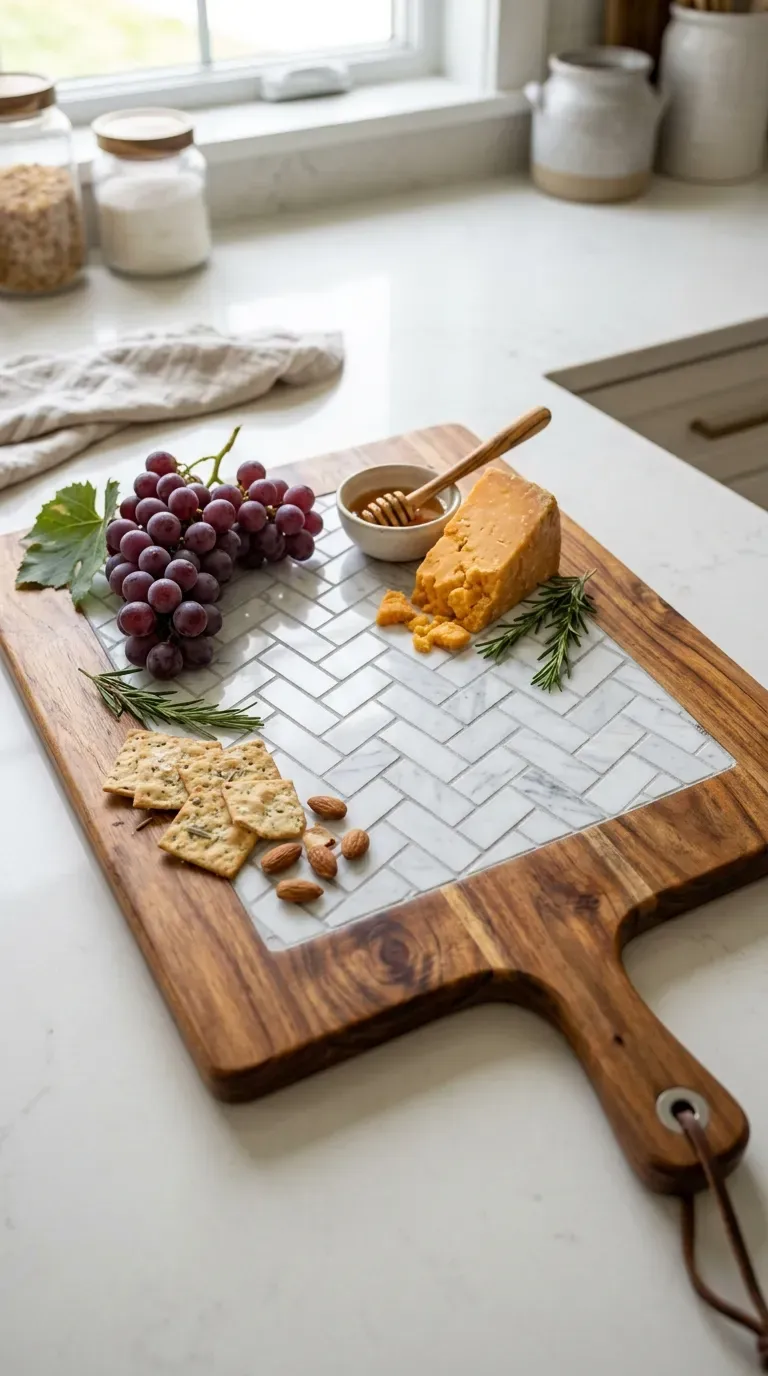 solid wood charcuterie serving board with recessed herringbone Carrara marble mosaic tile center