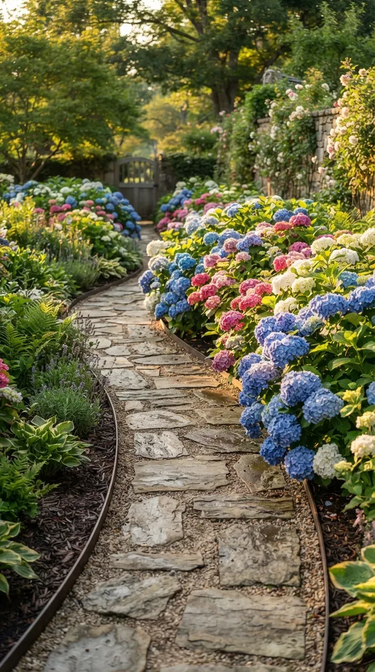 Elegant garden walkway lined with blooming blue and white hydrangea shrubs.