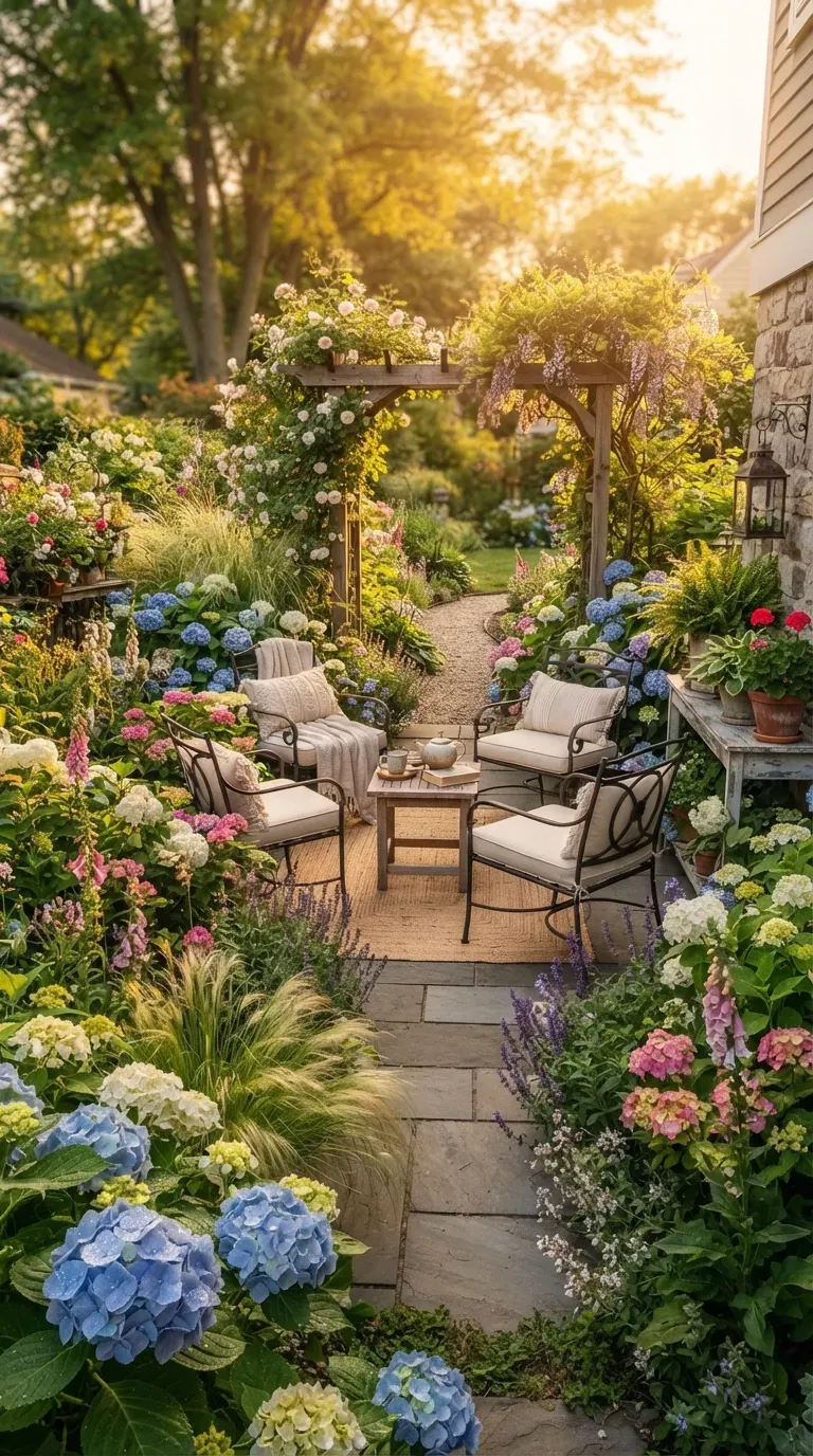 Outdoor patio surrounded by blooming hydrangea shrubs and lush perennial flowers.