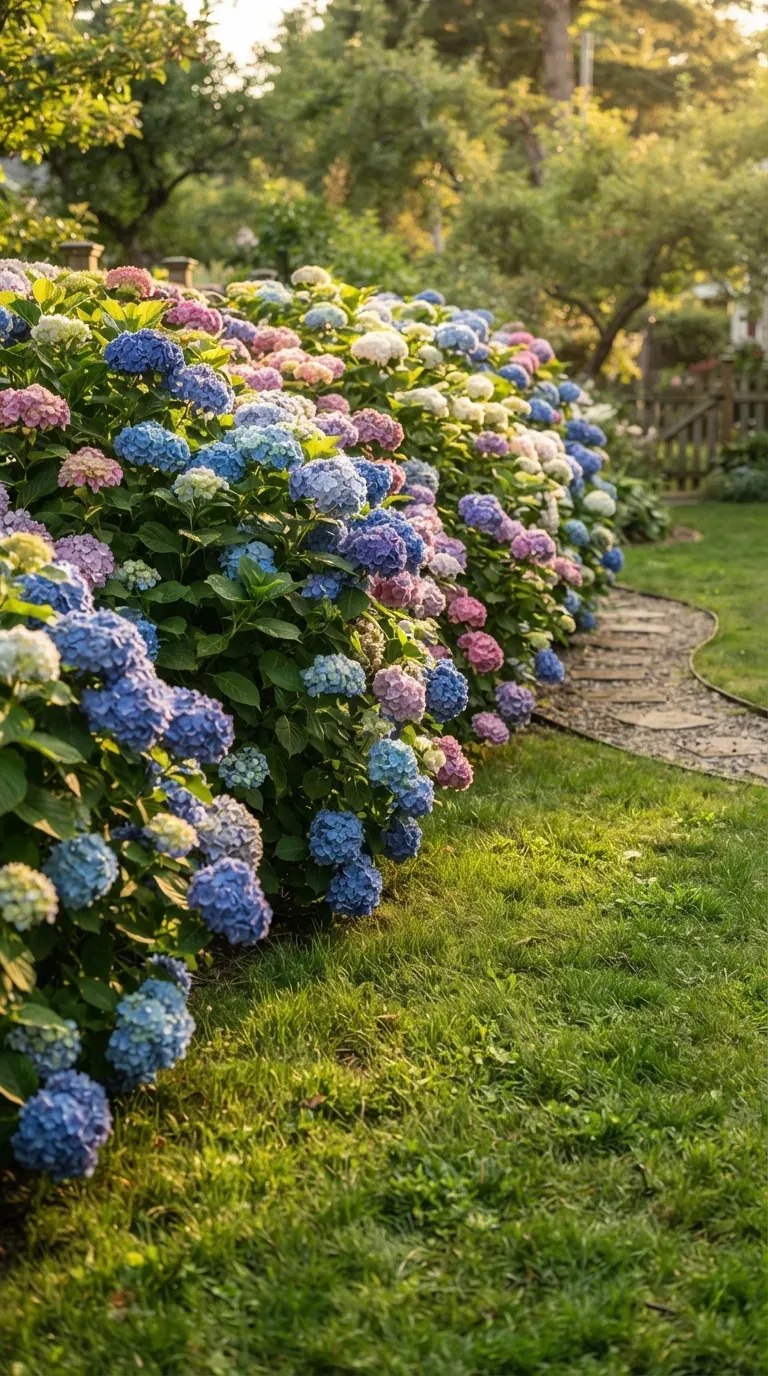 Tall blooming hydrangea hedge creating natural backyard privacy with colorful flowers.