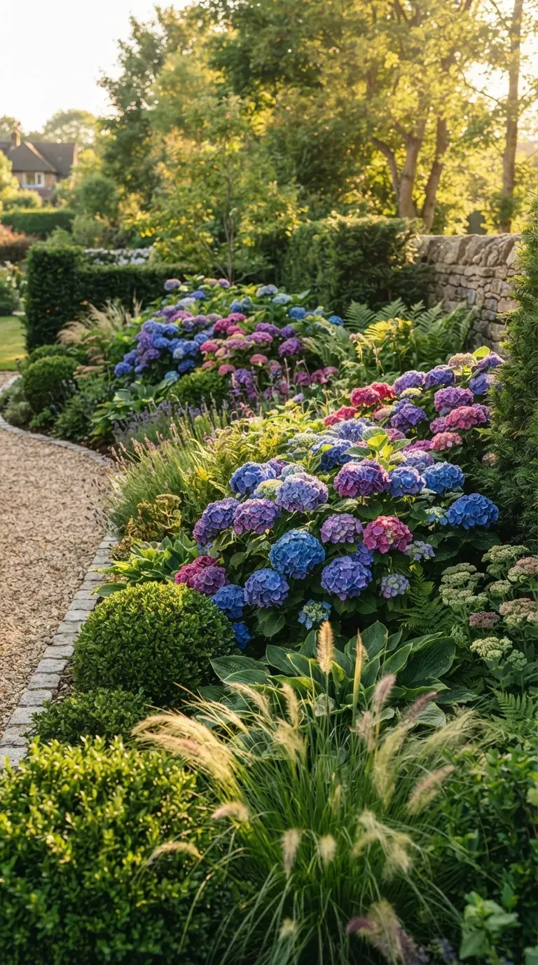 Blooming hydrangeas growing beside lush evergreen shrubs in a landscaped garden.