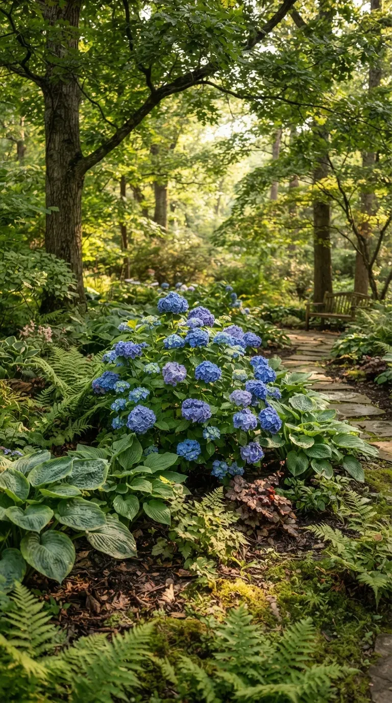 Shaded garden featuring blooming hydrangeas surrounded by lush green hostas.