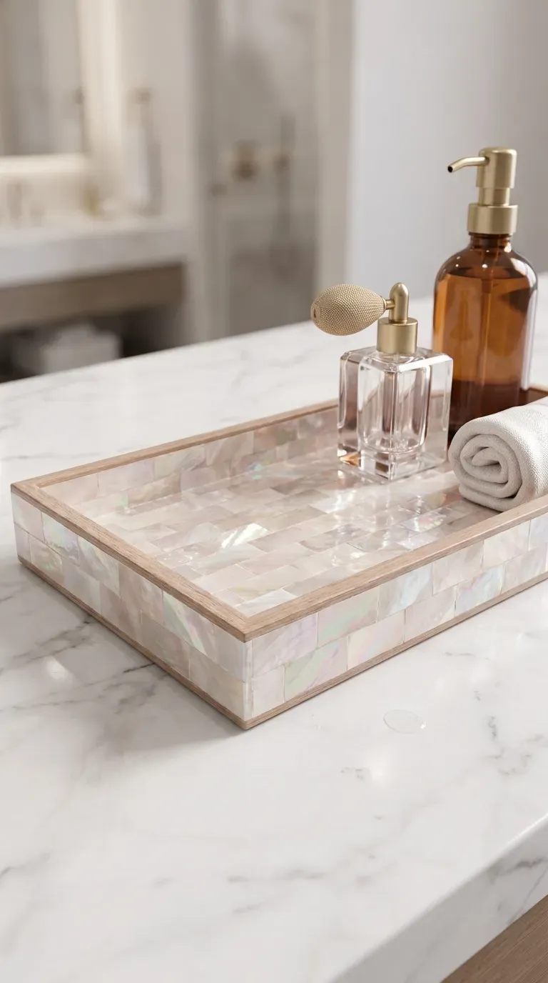 mother of pearl mosaic tile vanity tray holding perfume bottles on marble countertop