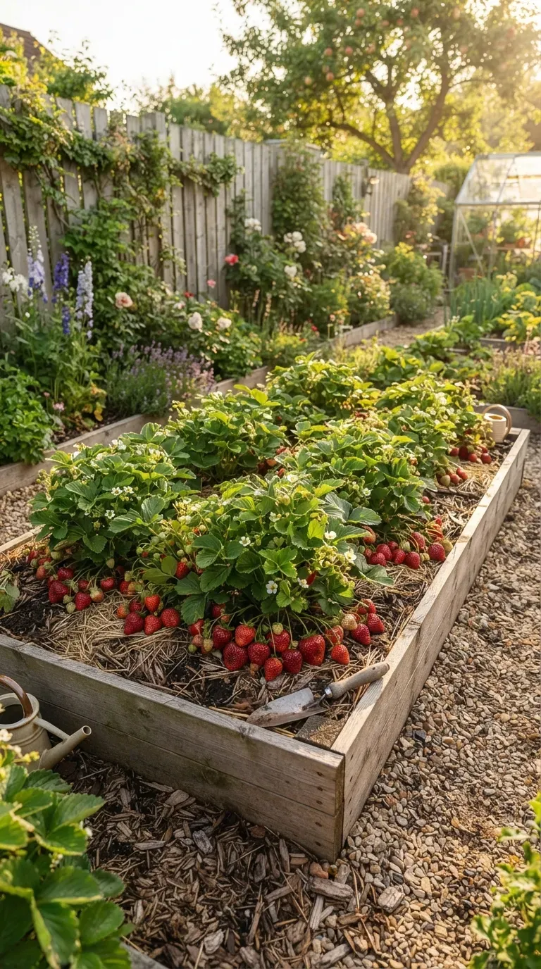 Large productive raised strawberry bed filled with healthy plants and abundant ripe berries.