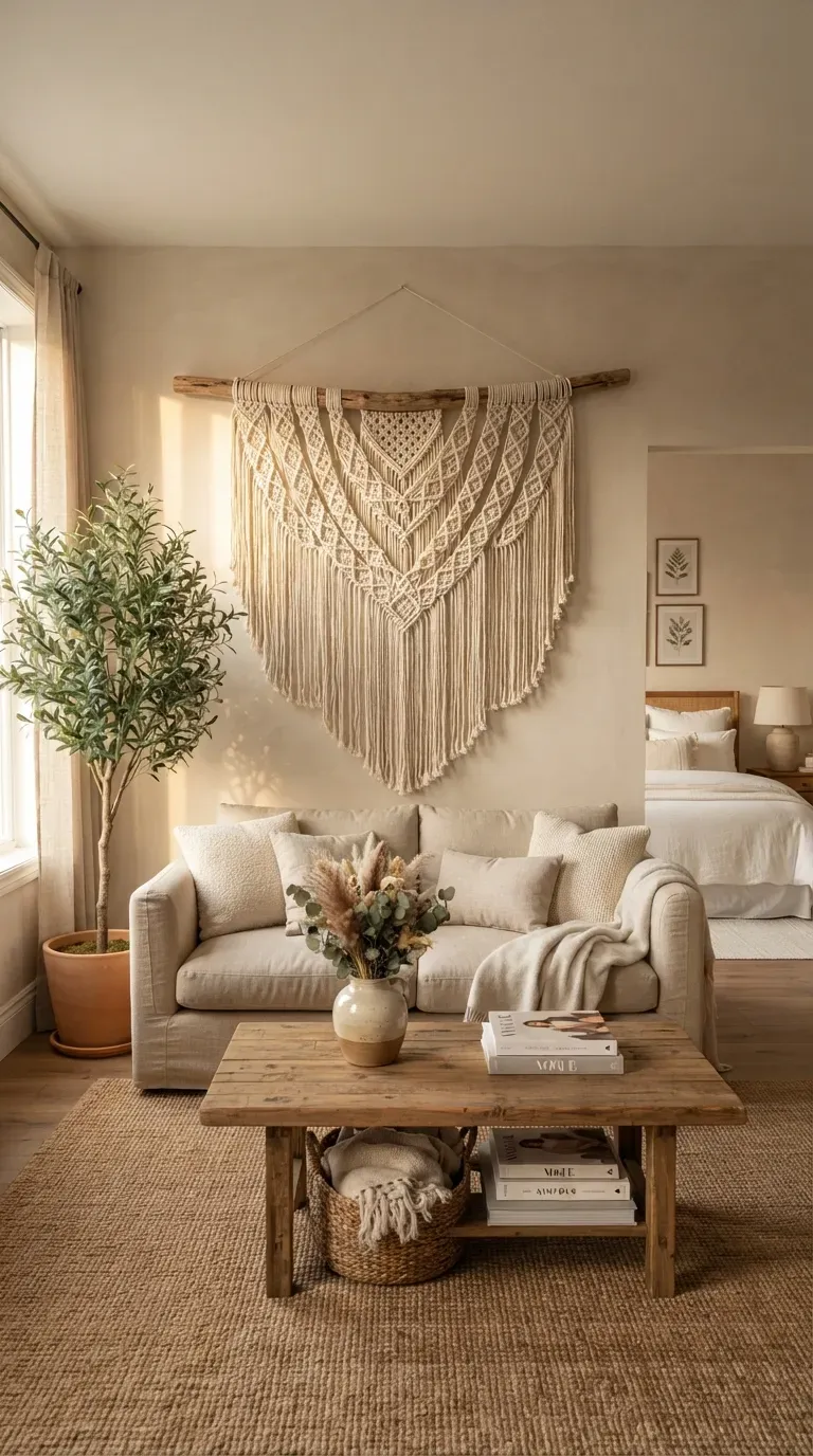 Large handmade macrame wall hanging creating a textured focal point above neutral sofa.