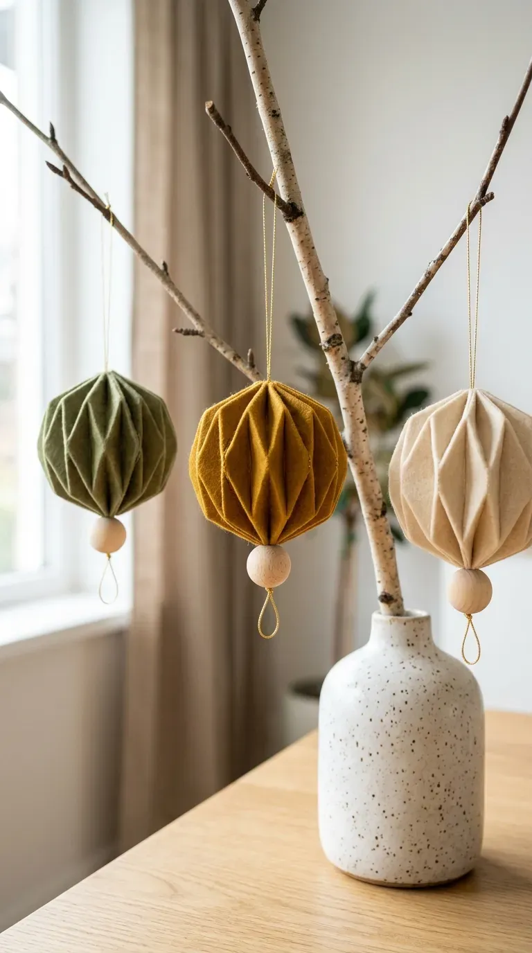 trio of modern geometric folded felt bauble ornaments in olive, mustard, and cream on a decorative branch