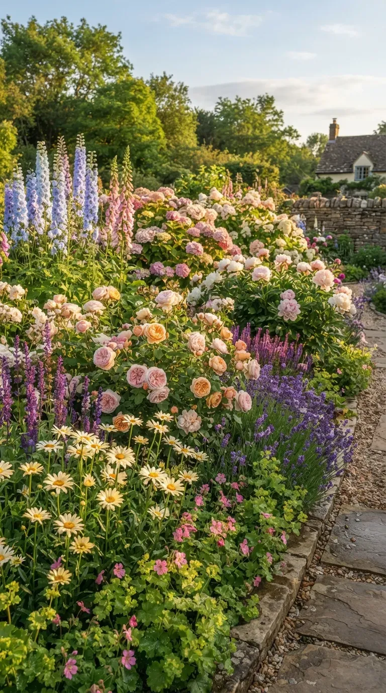 Layered garden beds filled with pastel flowers in pink, cream, lavender, and blue.