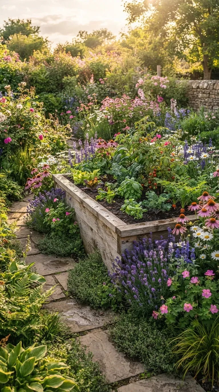 Layered perennial garden with tall medium and low-growing flowers creating beautiful depth.
