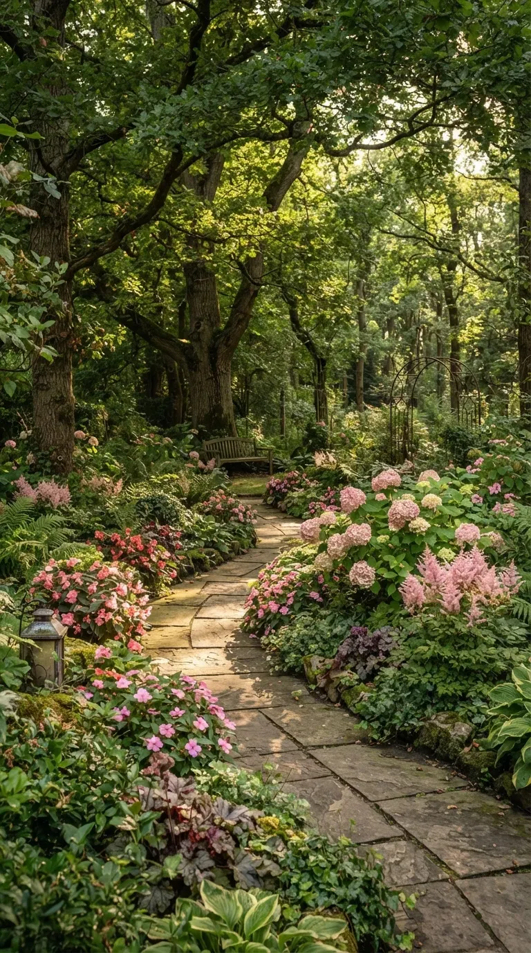 Layered flower bed filled with pink roses, peonies, coneflowers, and lush green foliage.