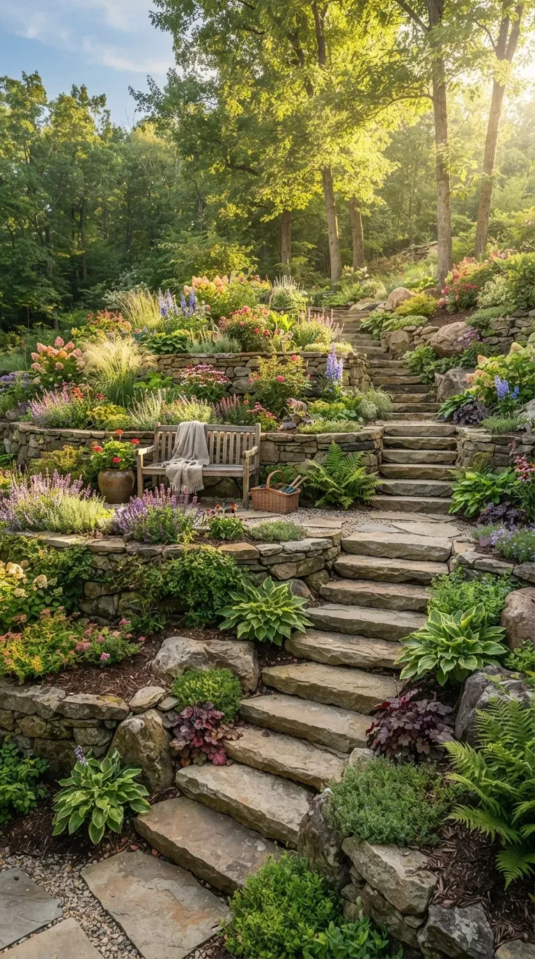 Beautiful terraced hillside garden with layered flowers stone walls and pathways.