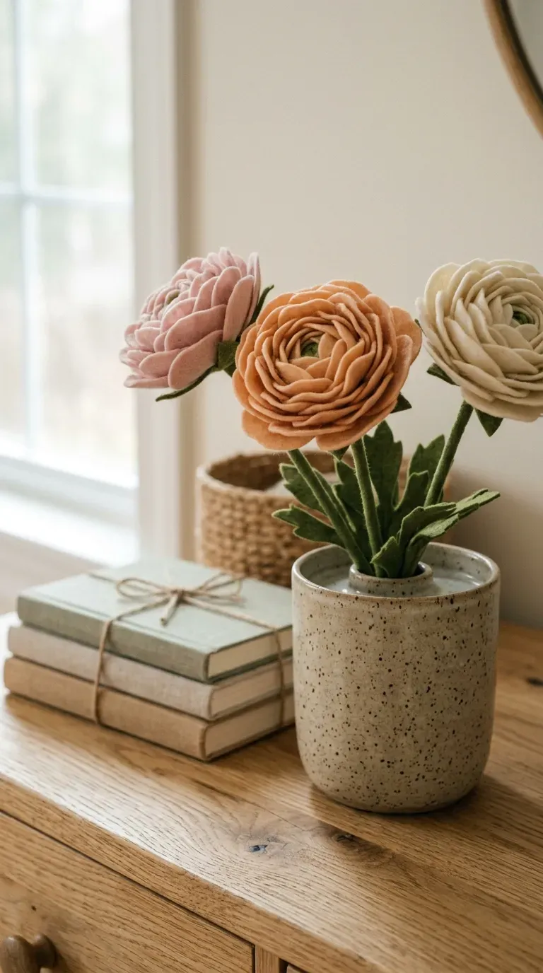 arrangement of pastel blush and peach wool felt ranunculus flowers in a stoneware vase