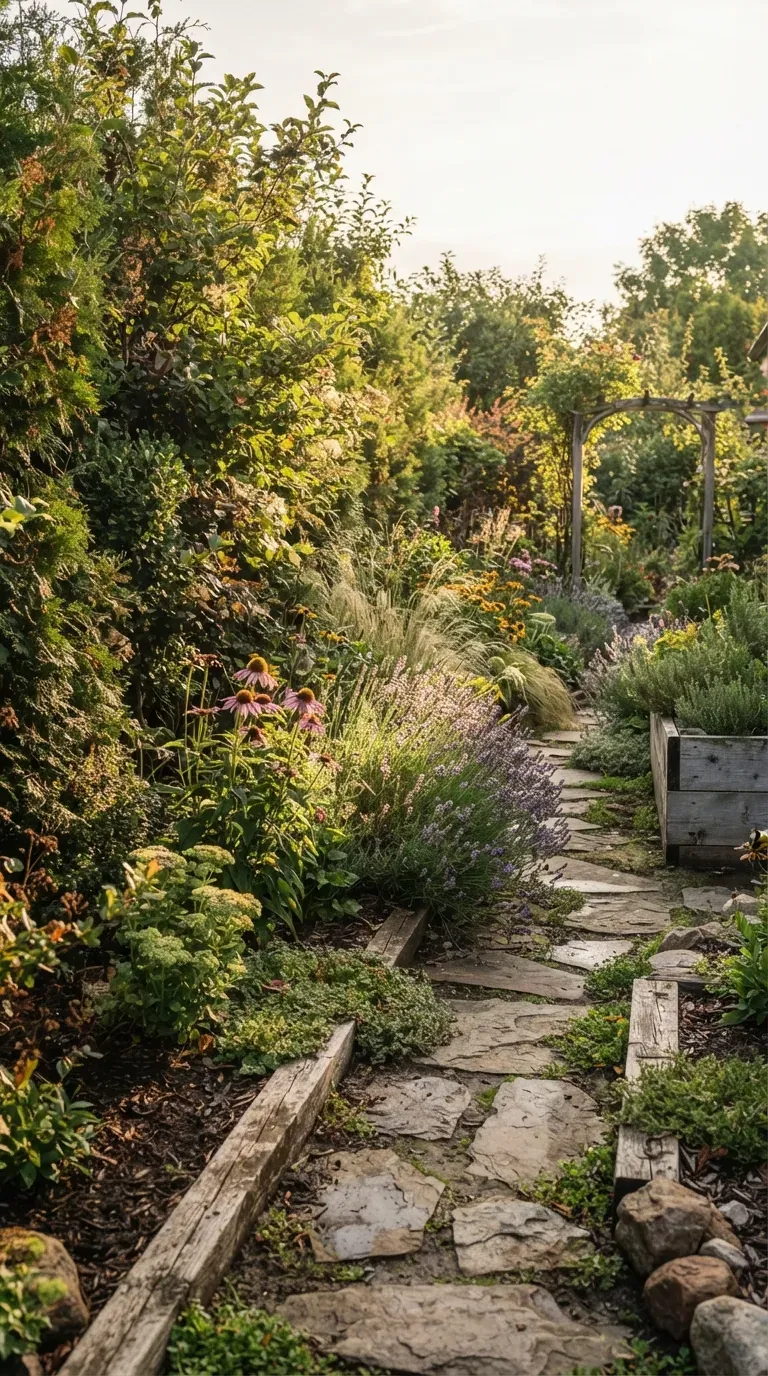 Dense shrub windbreak protecting colorful garden plants from strong winds.