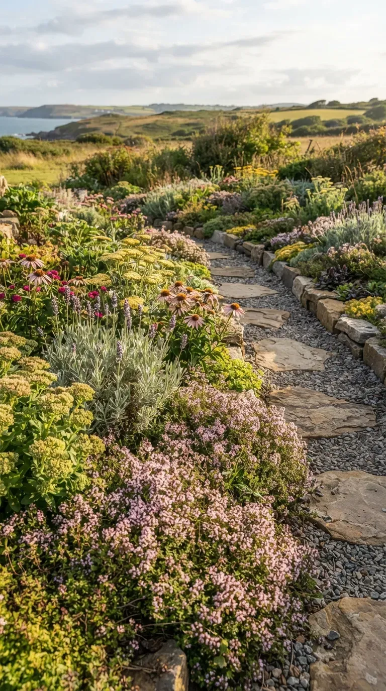 Low-growing perennial flowers forming a colorful wind-resistant garden border.