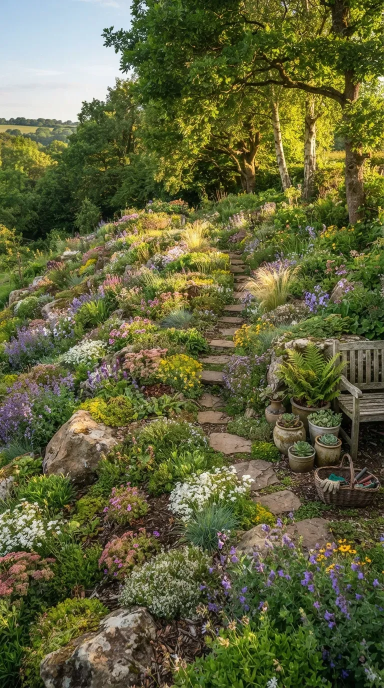 Lush sloped garden covered with colorful groundcover flowers and natural stone.