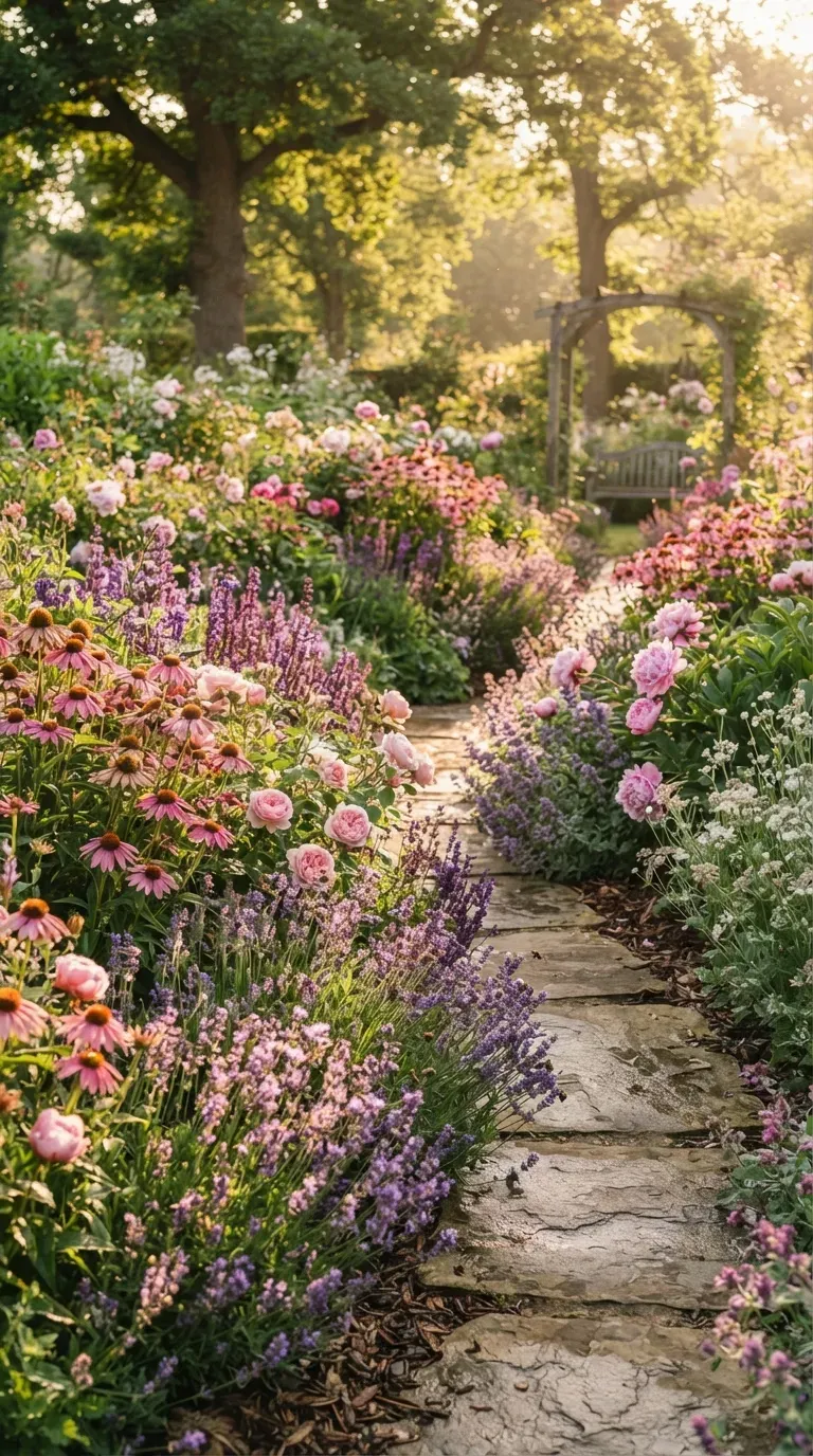 Low-maintenance perennial garden with ornamental grasses lavender coneflowers and native flowers.