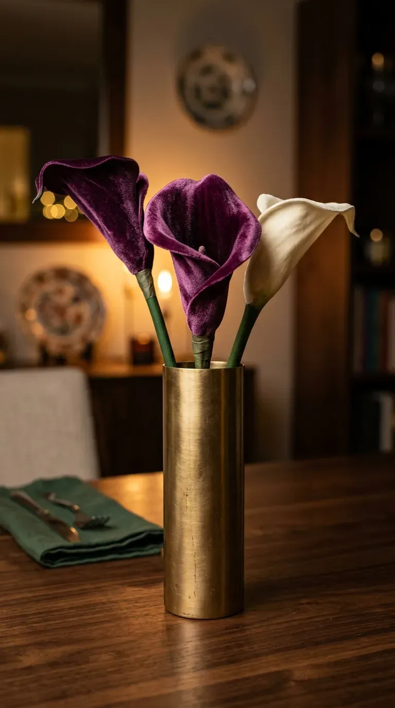 slender handcrafted velvet calla lilies in deep plum and cream in a tall brass vase