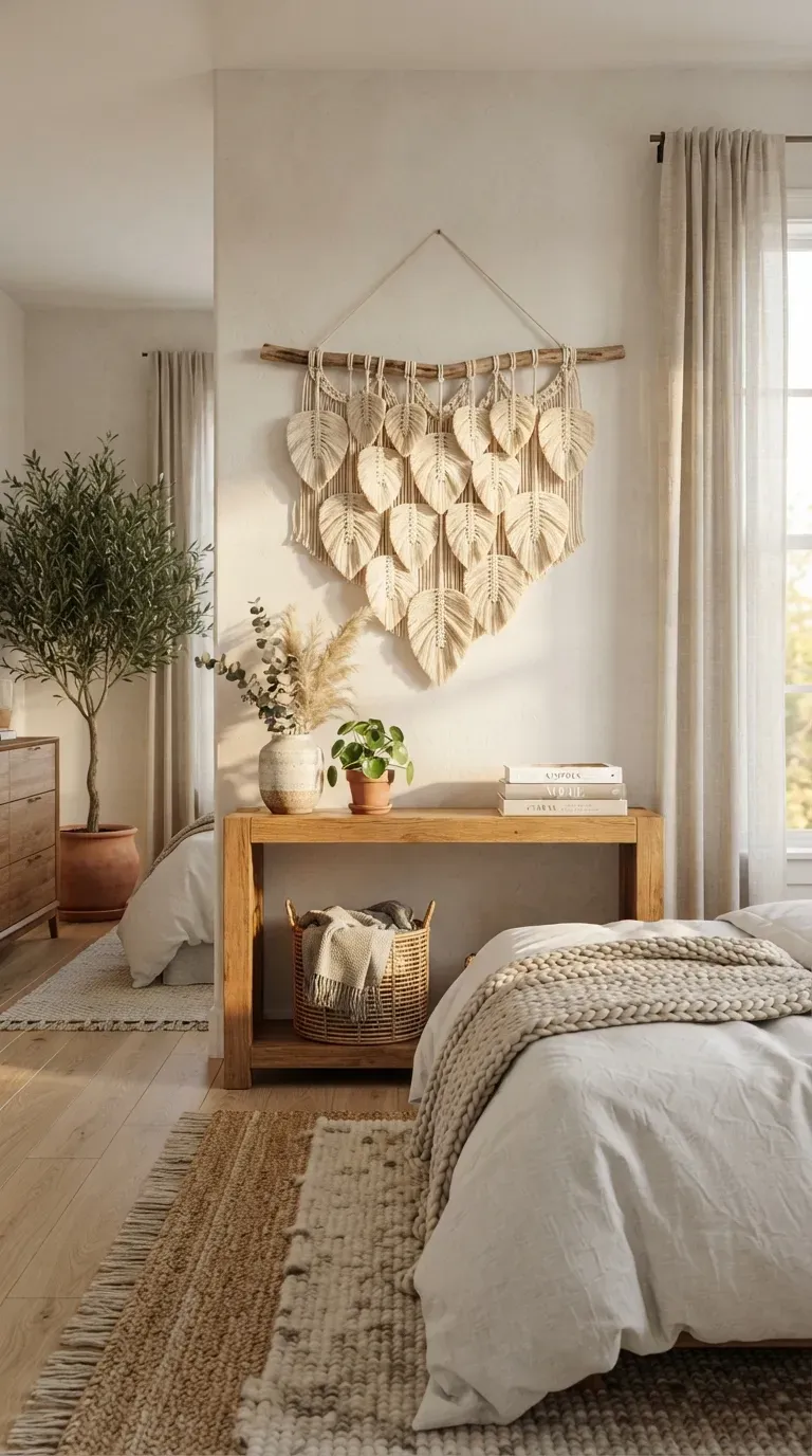Handmade macrame leaf wall hanging with layered cream cotton leaves and natural wooden branch.