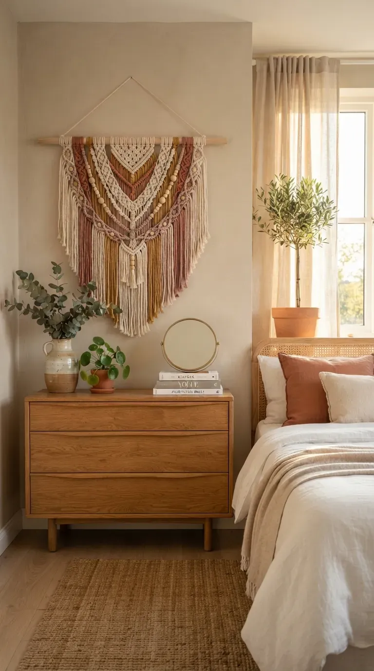 Rustic macrame wall hanging attached to driftwood with natural cotton fringe.
