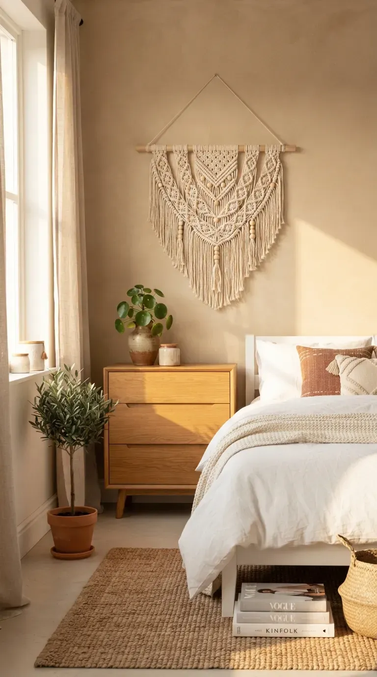 Cream macrame wall hanging decorated with natural wooden beads and soft layered fringe.
