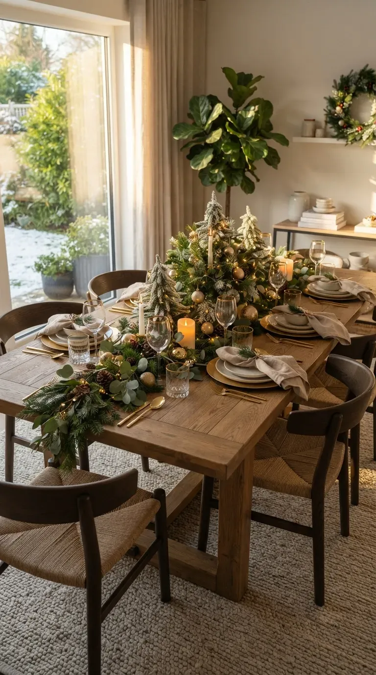 Elegant Christmas dining table with festive runner candles greenery and gold accents.