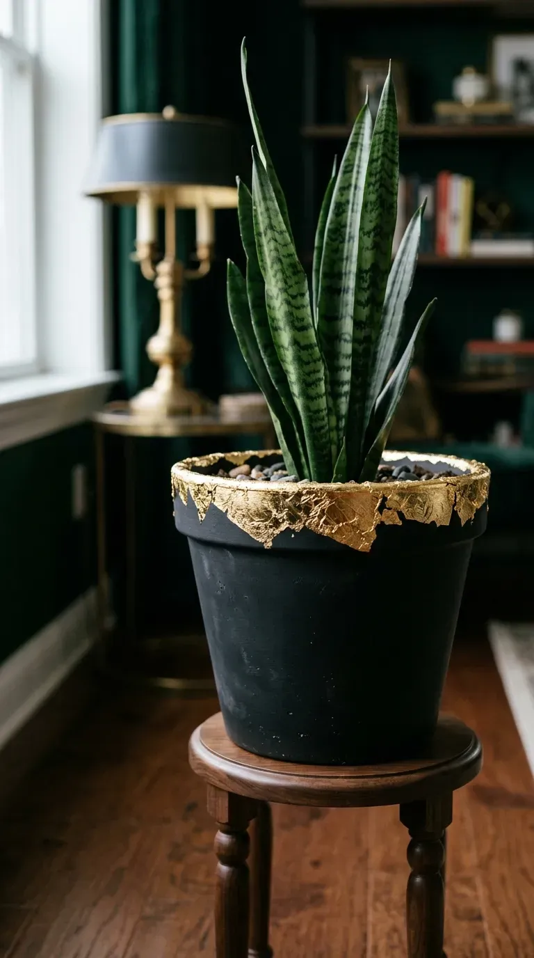 matte black painted terracotta planter with glistening gold leaf rim holding a snake plant